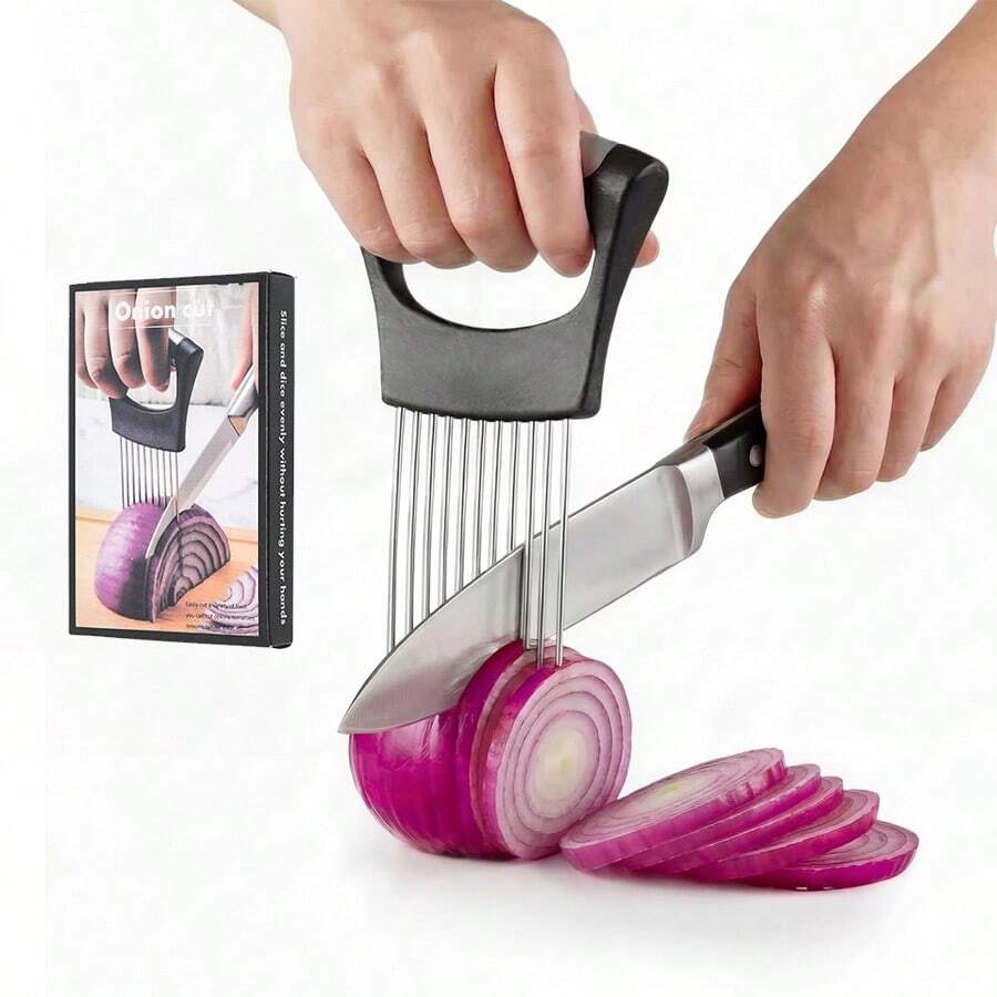 Dụng cụ gắp hành bằng thép không gỉ có nắp bảo vệ, dụng cụ phụ trợ thái rau củ, thích hợp để thái thịt, khoai tây, cà chua, chanh, bơ, v.v. - Nhiều màu - Xem 1