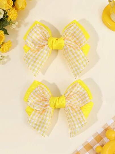 2pcs/Set Girls' Yellow & White Plaid Bow Hair Clips, Cute Sweet Daily Hair Accessories, Refined Gift, Fashion Vacation Hair Decorations For Teens
