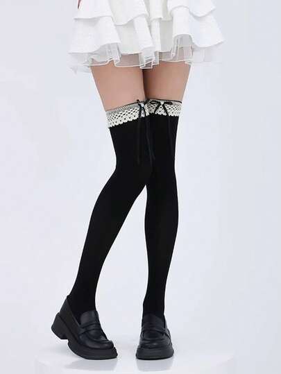 Lolita Lace Trim Pearl Bow Maid White Thigh High Stockings, Cute & Long
