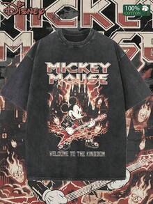 Men's Disney Mickey Mouse T-Shirt Guitar Castle Pattern T-Shirt With Casual Short Sleeve Top With Vintage Wash Design For Casual Occasions. Summer Cotton Top - Black - View 1
