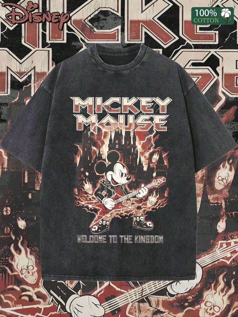 Men's Disney Mickey Mouse T-Shirt Guitar Castle Pattern T-Shirt With Casual Short Sleeve Top With Vintage Wash Design For Casual Occasions. Summer Cotton Top - Black - View 1