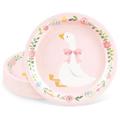 10/20/40个装 9英寸 傻鹅生日派对餐盘 粉色蝴蝶结鹅 一次性纸盘 适用于一周岁生日派对装饰 花卉装饰餐盘 餐桌装饰用品 婴儿派对装饰