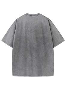 Disney Stitch Print Pattern, Summer Washed Short Sleeved Solid Color Small Round Neck Retro Versatile Outfit - 灰色 - 查看 2