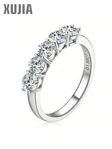 XUJIA 1pc 925 Sterling Silver 4mm Round Moissanite Ring, D-E Color, VVS1 Clarity, Wedding/Anniversary Jewelry Gift - Silver - View 2