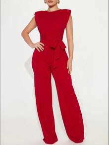 Women's  Elegant Red Bow Tie Front Belted Jumpsuit: Crew Neck & Shoulder Pads - Perfect For Daily, Commute, Travel & Party Occasions - Burgundy - View 2