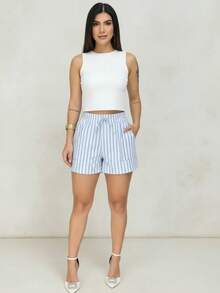 LINEN STRIPED SHORTS - Baby Blue - View 3