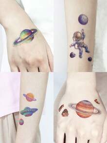 8Sheets Glitter Space Astronaut Star Temporary Tattoos, Colorful Waterproof Tattoo Stickers Body Art, Outer Space Party Favors Birthday Makeup, Fake Star Sun Moon Tattoo Stickers, Party Favors Decor, Multi-Colored Fake Tattoos For Birthday Party Decoration - Multicolor - View 9