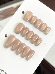 10pcs Handmade Press-On Nails, Luxury Nude Pink Ombre Gradient With Minimalist Rhinestones, French Manicure Style, Suitable For Daily Commute, High-End Gift, Women, Holidays, Vacation Or Everyday Wear, Removable And Reusable - Champagne - View 3