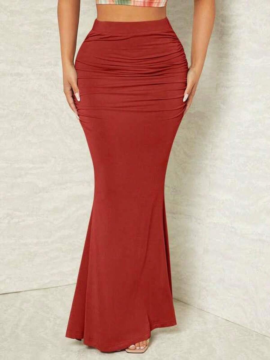 Women High Waist Elastic Pleated Fishtail Skirt Autumn Winter Slimming European American Style Skirt For Daily Casual Party Wear Fashionable Skirt - 紅色 - 查看 1