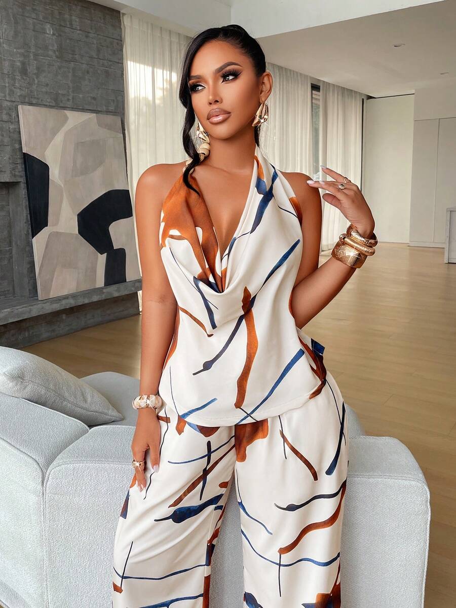 AIJ Amarilo Women's Apricot Brown Abstract Print Elegant Sexy Backless Lace Up Halter Cowl Neck Wide Leg Pants Two Pieces Set Summer Spring Beach Party Vacation Night Out Wedding Guest Spring Break Festival Season Summer Co-Ord Matching Outfits - Apricot Color - View 1