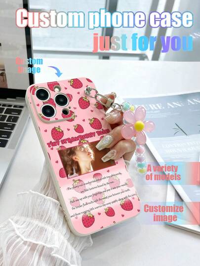 1pc Customizable White TPU Phone Case With Strawberry Pattern, 1pc Pink Floral Beaded Bracelet, Suitable For Anniversary, Valentine's Day, Birthday, Wedding, Mother's Day, Father's Day, Best Friend Gifts, Gifts For Mom/Dad, Boyfriend/Girlfriend, /Android
