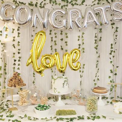 9pcs Congrats Party Balloon Set, Includes 16inch Silver Congrats Balloon Banner, Oversized LOVE Balloon, Suitable For Engagement, Bachelorette Party, Wedding, Bridal Shower, Pregnancy