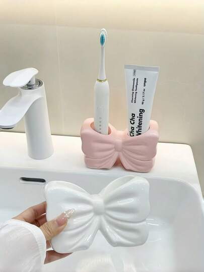 1pc/2pcs Bow-Shaped Toothbrush Holder, Bathroom Vanity Toothbrush & Toothpaste Storage Rack, Base Stand