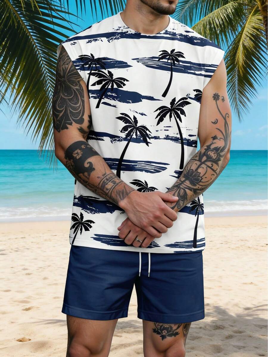男士夏季度假椰子树印花无袖背心和短裤套装 - 彩色 - 查看 1