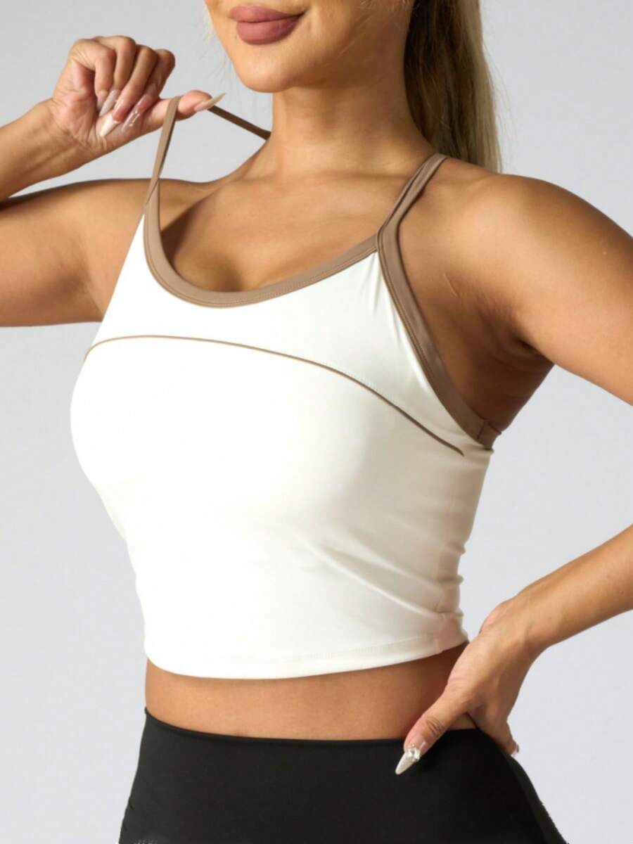 Women's Colorblock Sports Camisole, Built-In Padded Bra, Racerback Design, Supportive Yoga Workout Top Suitable For Fitness, Running - Creamy White - View 1