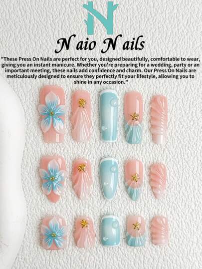 NAIO 10片/套 春夏手工按压式美甲贴片，棺材形/杏仁形/短方形甲片，Y2K 酷炫风格，裸色、蓝色、白色，法式边，蓝色渐变，贝壳图案，波浪图案，露珠，浮雕花朵，海星金属铆钉装饰，奶油质地，适合女性和女孩，派对，日常佩戴，附赠工具包，女士美甲用品的绝佳礼物