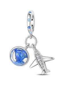 S925纯银旅行主题吊坠 - 热气球、飞机、地球仪、行李箱珠，兼容欧洲手链，适合作为订婚、结婚或蜜月礼物。 - 彩色 - 查看 18