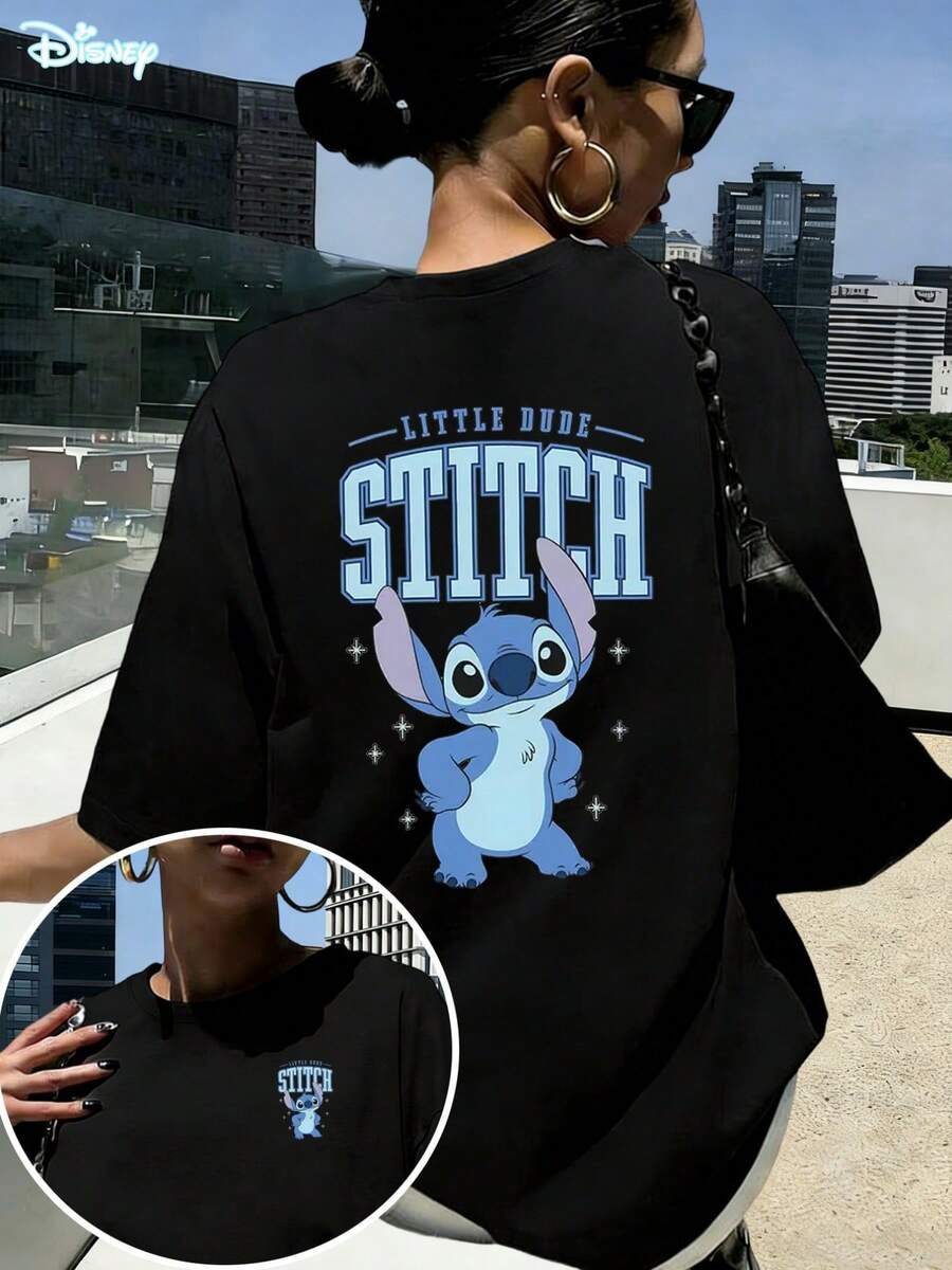 Disney Lilo & Stitch "Little Dude" Oversized T-Shirt: White Loose Fit Cotton Tee With College Style Double-Sided Graphic, Perfect For Theme Park Visits, Casual Wear And Stitch Fans, Ideal Gift - Black - View 1
