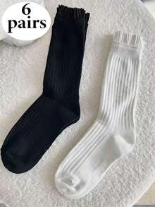 1/3 Pairs Women's Mid-Calf Socks With 3D Pleated Trim, Black & White Striped Ribbed Socks, Versatile Autumn Wear - Multicolor - View 12