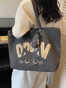 Men's Casual Tote Bag, Striped Large Capacity Canvas Shoulder Bag - Black - View 2