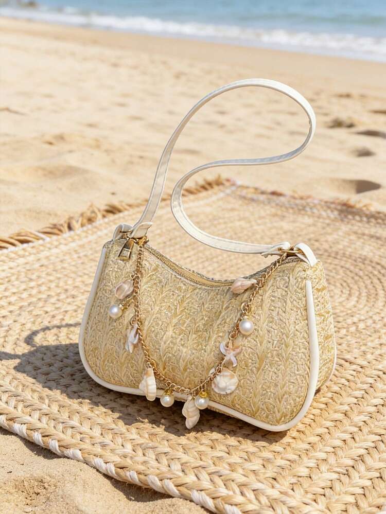 夏季藤编包，贝壳和人造珍珠链条草编单肩包，海洋主题，休闲夏季单肩包，适合海滩郊游和户外徒步旅行，是理想的节日女孩包，女士单肩包由草绳编织而成，是母亲节、周年纪念日、婚礼、生日和其他节日的完美礼物。 - 彩色 - 查看 5