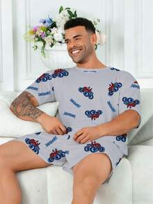 Ensemble pyjama grande taille pour hommes | Top à col rond et manches courtes, short décontracté à taille élastique 2 pièces | Tissu en maille de polyester doux et respirant, coupe ample | Imprimé graphique décontracté de camion monstre tout-terrain - Gris pâle - Voir 4