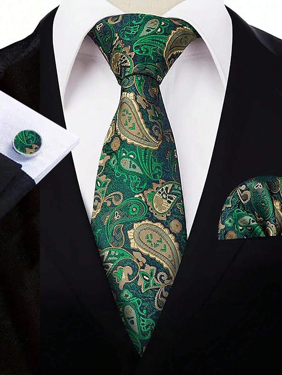 Men Tie Sets Classic Fashion Necktie Set With Cufflink For Business Party - Green - View 1
