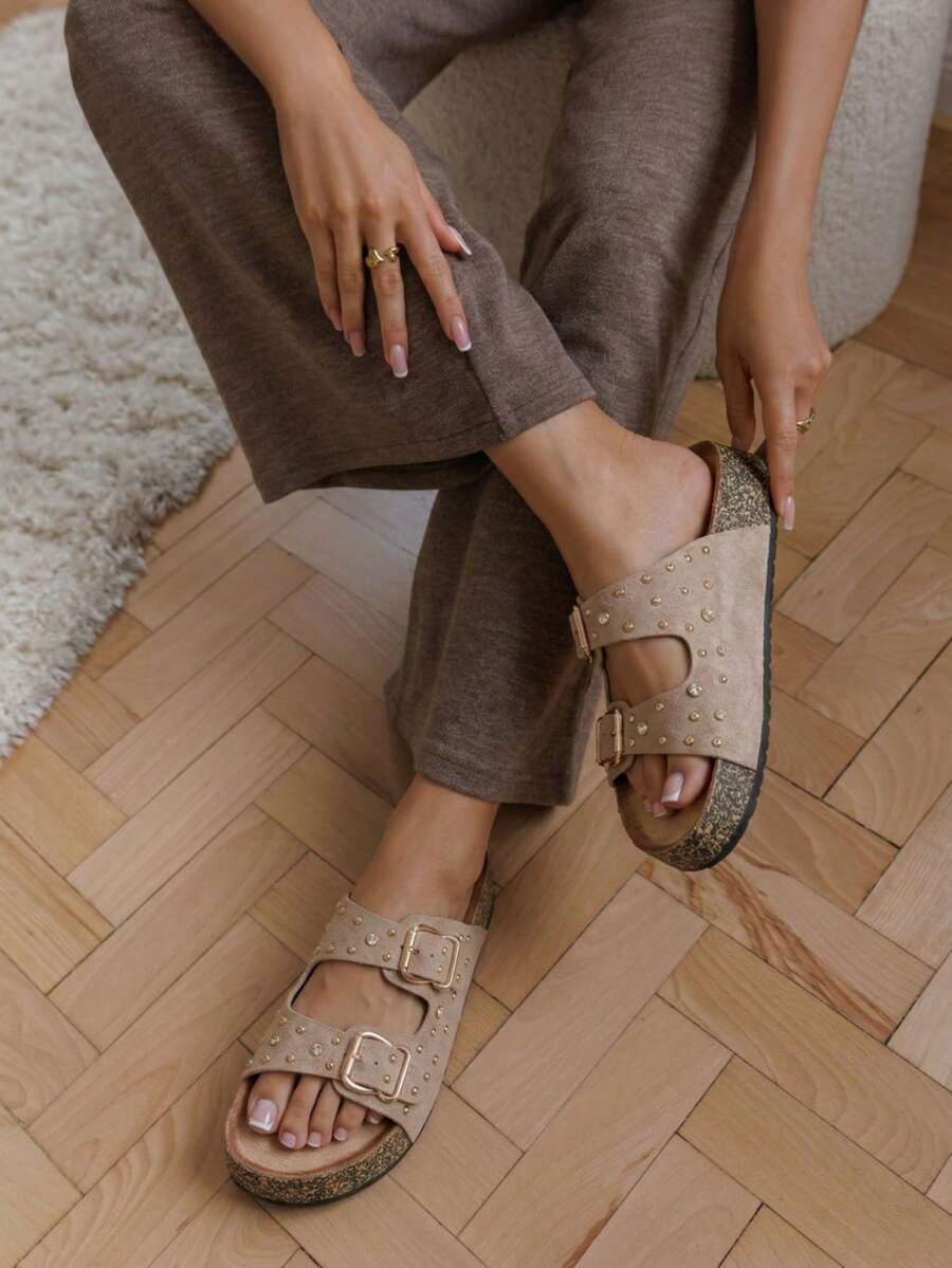 Mules Plateformes à Strass et Clous Dorés - Élégance Été - 卡其色 - 查看 1