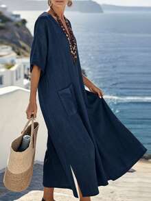 Vestido de lino casual de unicolor con cuello en V y bolsillos, manga media, corte holgado, estilo elegante de playa/vacaciones para el verano - Azul Marino - Ver 2