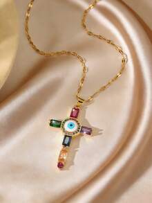 Vintage Devil's Eye Cross Necklace, Colorful Rhinestone Inlaid Delicate Choker, Luxury Lightweight Necklace - Multicolor - View 17