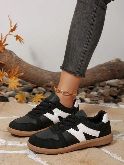 Women's Multifunctional Fashion Casual Shoes, Flat Non-Slip Lace-Up Round Toe Rubber Sole Casual Sneakers, Black & Beige Color Block, Daily Wear, Style Casual Shoes, Size 36-42,