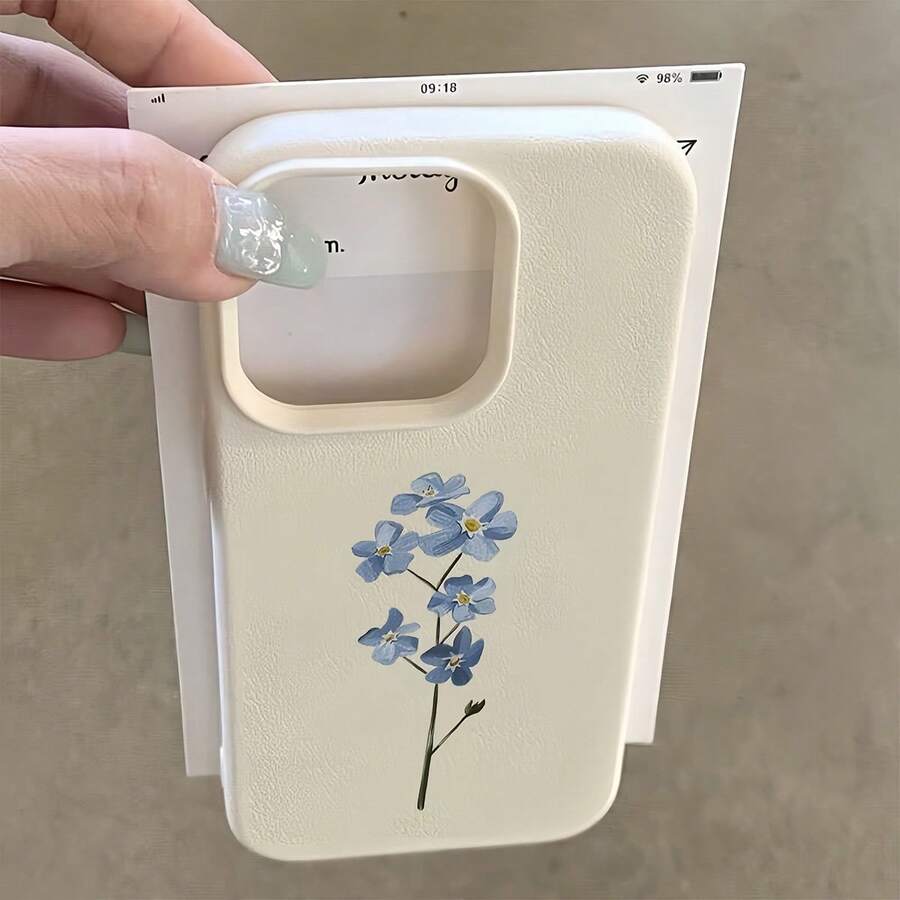 花朵图案单件装白色荔枝纹理哑光极简镜头保护手机壳,蓝色花卉图案,兼容 16 Pro Max、17/16/15/14 Plus、13/12/11、Air系列,国际版,非国内版 - 彩色 - 查看 1