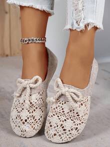 Linen Summer Mesh Shoes New Loafers Bow Knot Woven Women Hollow Flat Shoes, Fashion Comfortable Lightweight Casual Slip-On Flat Shoes Suitable For Daily Commute And Outdoor Wear, Ballet Shoes - Beige - View 4
