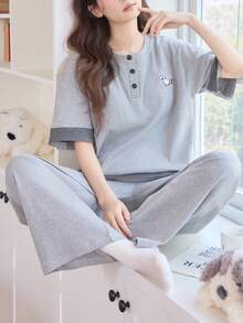 女士圆领睡衣两件套，长袖上衣和长裤，柔软舒适，适合春秋季穿着 - 淺灰色 - 查看 1