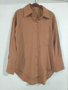 Women's Long-Sleeved Linen Shirt - Camel - View 1
