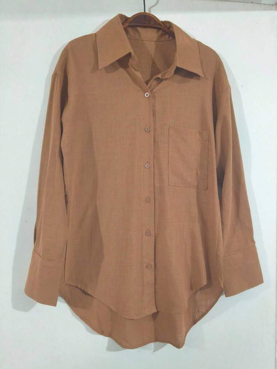 Women's Long-Sleeved Linen Shirt - Camel - View 1