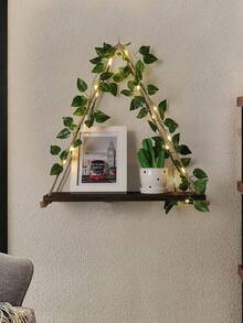 1pc/2pcs Green Leaf Fairy Light Decor Hanging Wall Rack, Bohemian Style Triangle Floating Display Shelf, Cozy Atmosphere Light String Wall Mount Storage Rack, Retro Countryside Plant Display Rack, Decoration For Living Room, Bedroom, Dorm, Balcony, Cafe (Batteries Not Included) - Multicolor - View 9