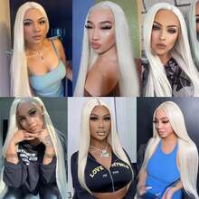 13x4 Transparent Lace Front Platinum Straight Human Hair Wig, 150% Density, #60 Blonde, 20 Inches Long Straight Hair, Suitable For Women - SYellow - View 10