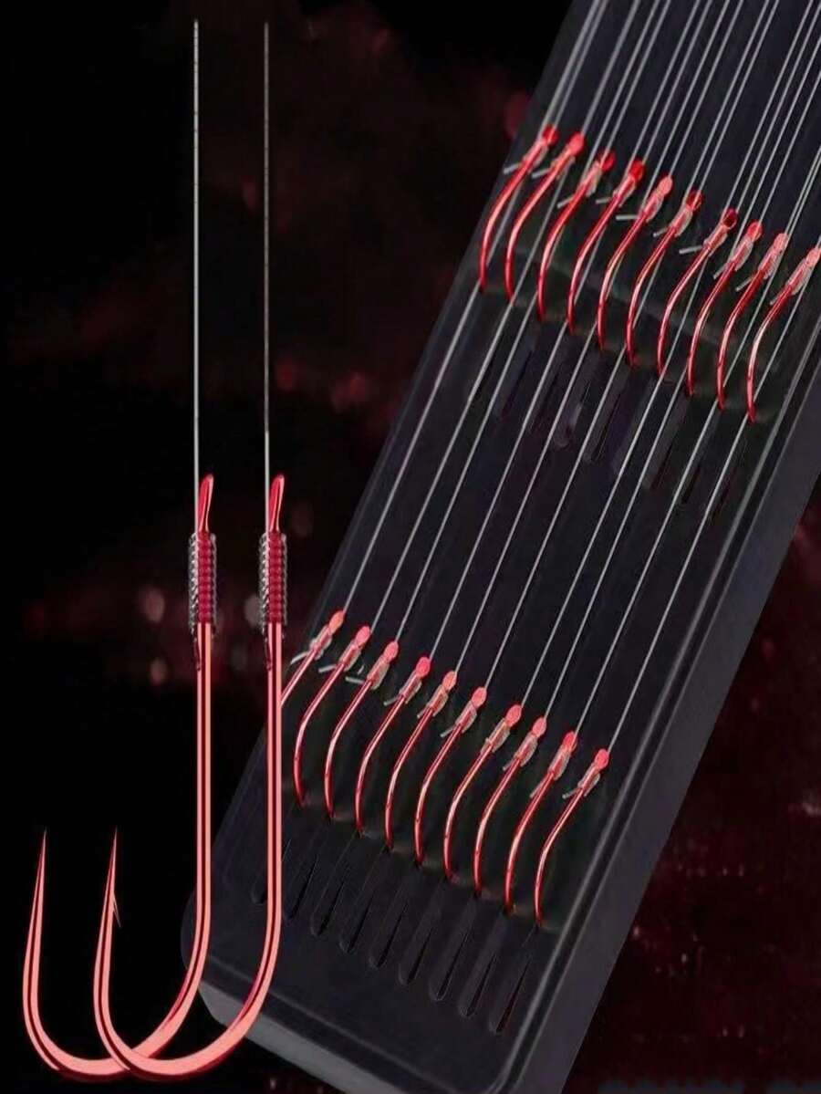 20pcs/Board 10sets Double Hooks, Suitable For Freshwater Fishing, Small To Medium Fish - Red - View 1