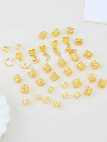 36pcs Bohemian Style Golden Braided Hair Accessories, Flower & Butterfly Metal Pendant Fashionable Hair Rings - Gold - View 5