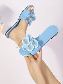 New Artificial Flower Design Open Toe Flat Sandals, Girl Summer Fashion Flat Open Toe Sandals - Blue - View 2