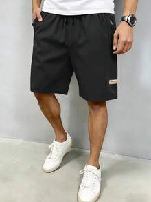 男士休闲短裤，夏季纯色简约时尚长裤，拉链口袋设计 - 黑色 - 查看 6