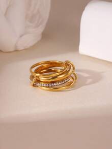 1枚奢华不锈钢18K镀金多层交叉密镶钻石/哑光质感戒指，适合女孩参加派对和日常佩戴。 - 彩色 - 查看 7