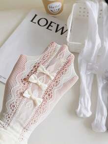 1pc Spring/Summer Lightweight Side Bow Mesh Pantyhose, Girls Black/White/Beige Leggings, Hollow Heart Breathable Base Layer Socks, Suitable For Girls Aged 1-14 - Multicolor - View 6