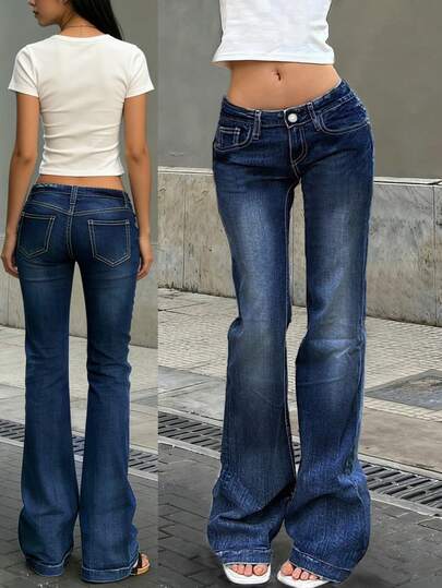 Women's Stretch Blue Low-Rise Flared Jeans, Y2K Fashion Vintage Casual, 2026 Spring And Summer, New Year And Valentine.