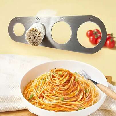 1 pieza Cuchara medidora reutilizable de acero inoxidable para porciones de pasta, diseño de 4 agujeros para una medición precisa, apta para espaguetis/fideos, duradera y fácil de limpiar, esencial para reuniones festivas