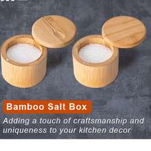 1pc Bamboo Salt And Spice Storage Container With Magnetic Rotating Lid And Spoon, Bamboo Organizer Box Suitable For Salt, Pepper, Seasoning, Sugar - Multicolor - View 4