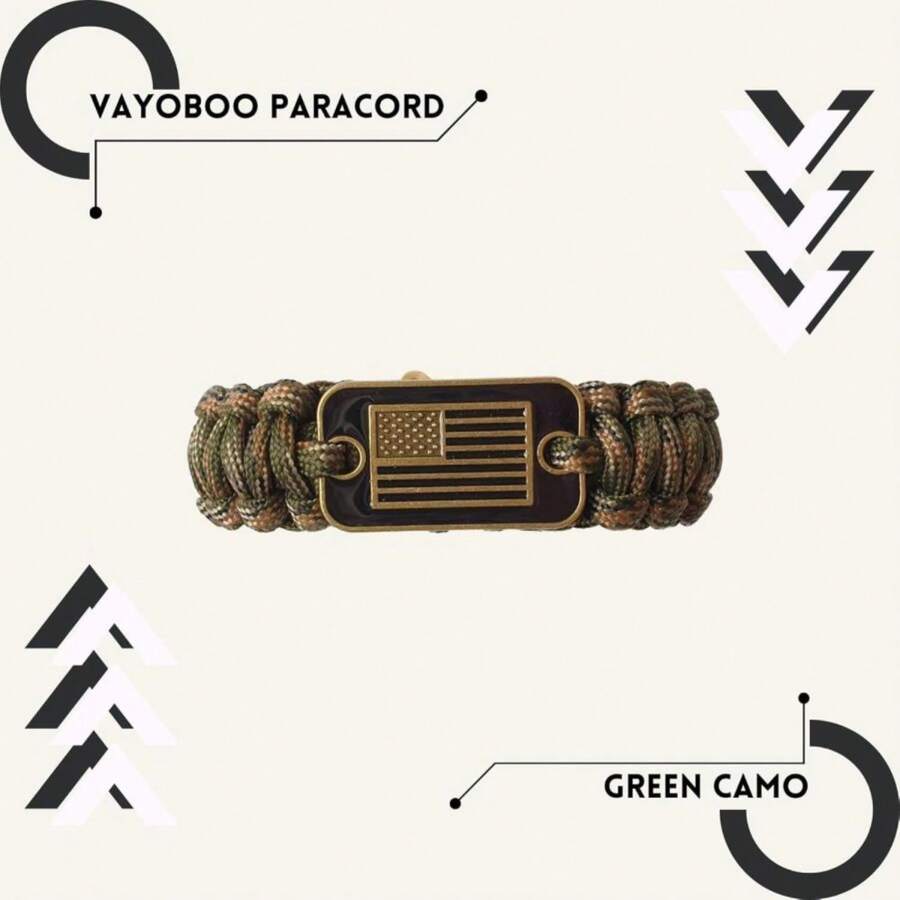VAYOBOO Paracord Bracelet - Tactical Survival Bracelet For Men With Bronze USA Flag - 3 Adjustable Sizes - Green Camo, L - White - View 1