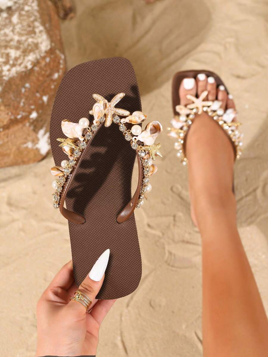 Evertop Surf Sandalias de playa hechas a mano con textura de concha natural, decoradas con estrella de mar y cristales, suela suave y antideslizante, diseño original de estilo diosa de playa con cadena decorativa desmontable para mujeres - Café integral - Ver 1