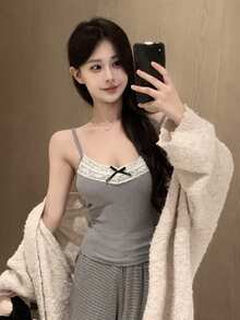 法式蕾丝吊带背心，带衬垫胸罩，性感吊带衫，女士春夏款 - 灰色 - 查看 5